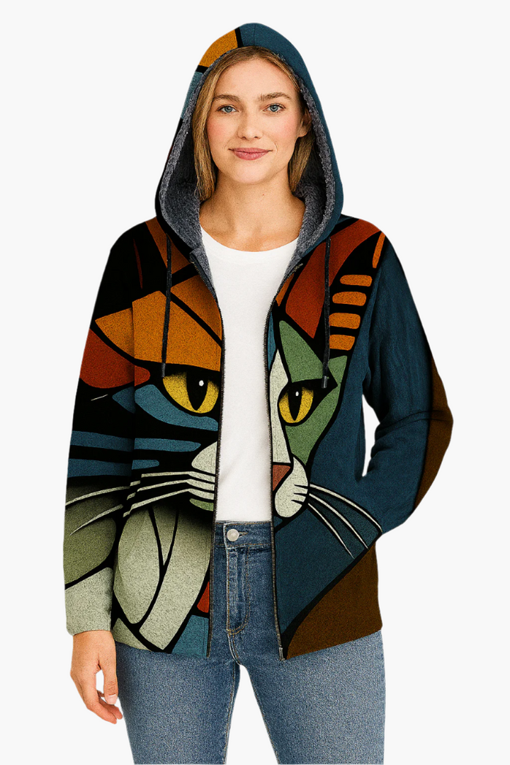 Mirla | Huvtröja med Konstnärligt Kattmotiv - Modern Fritidsjacka för En Unik Look-Eva Jonsson
