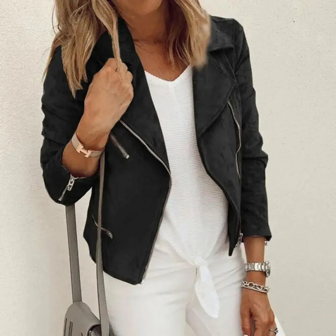 Mirla | Jacka - F Faux Mocka Moto med Asymmetisk Dragkedja och Figursydd Passform-Eva Jonsson