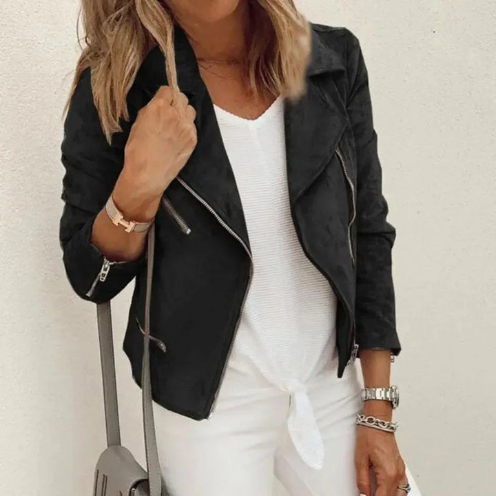 Mirla | Jacka - F Faux Mocka Moto med Asymmetisk Dragkedja och Figursydd Passform-Eva Jonsson