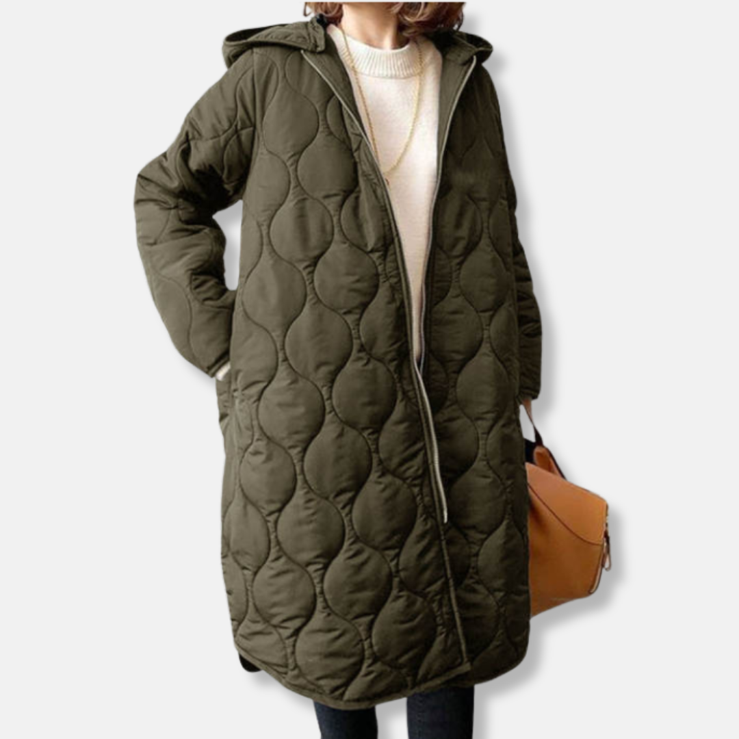 Mirla | Jacka Kviltat Långmodell Oversized Passform Huva och Dragkedja-Eva Jonsson
