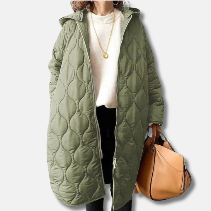 Mirla | Jacka Kviltat Långmodell Oversized Passform Huva och Dragkedja-Eva Jonsson