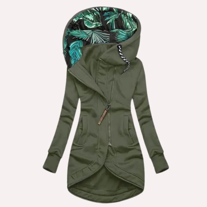 Mirla | Jacka Slim Fit Mjuk Fleece Tryckt Huvtröja Asymmetrisk Dragkedja-Eva Jonsson