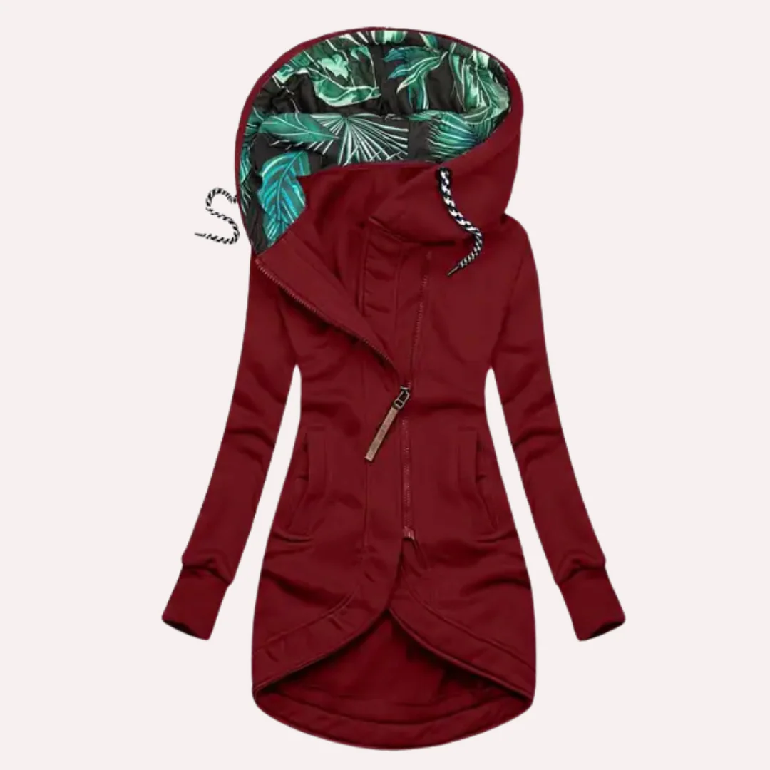 Mirla | Jacka Slim Fit Mjuk Fleece Tryckt Huvtröja Asymmetrisk Dragkedja-Eva Jonsson