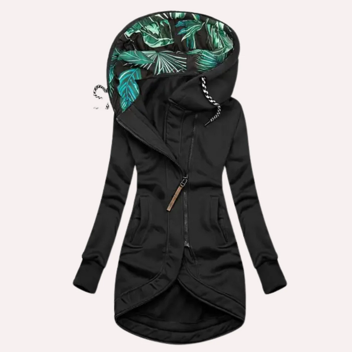 Mirla | Jacka Slim Fit Mjuk Fleece Tryckt Huvtröja Asymmetrisk Dragkedja-Eva Jonsson