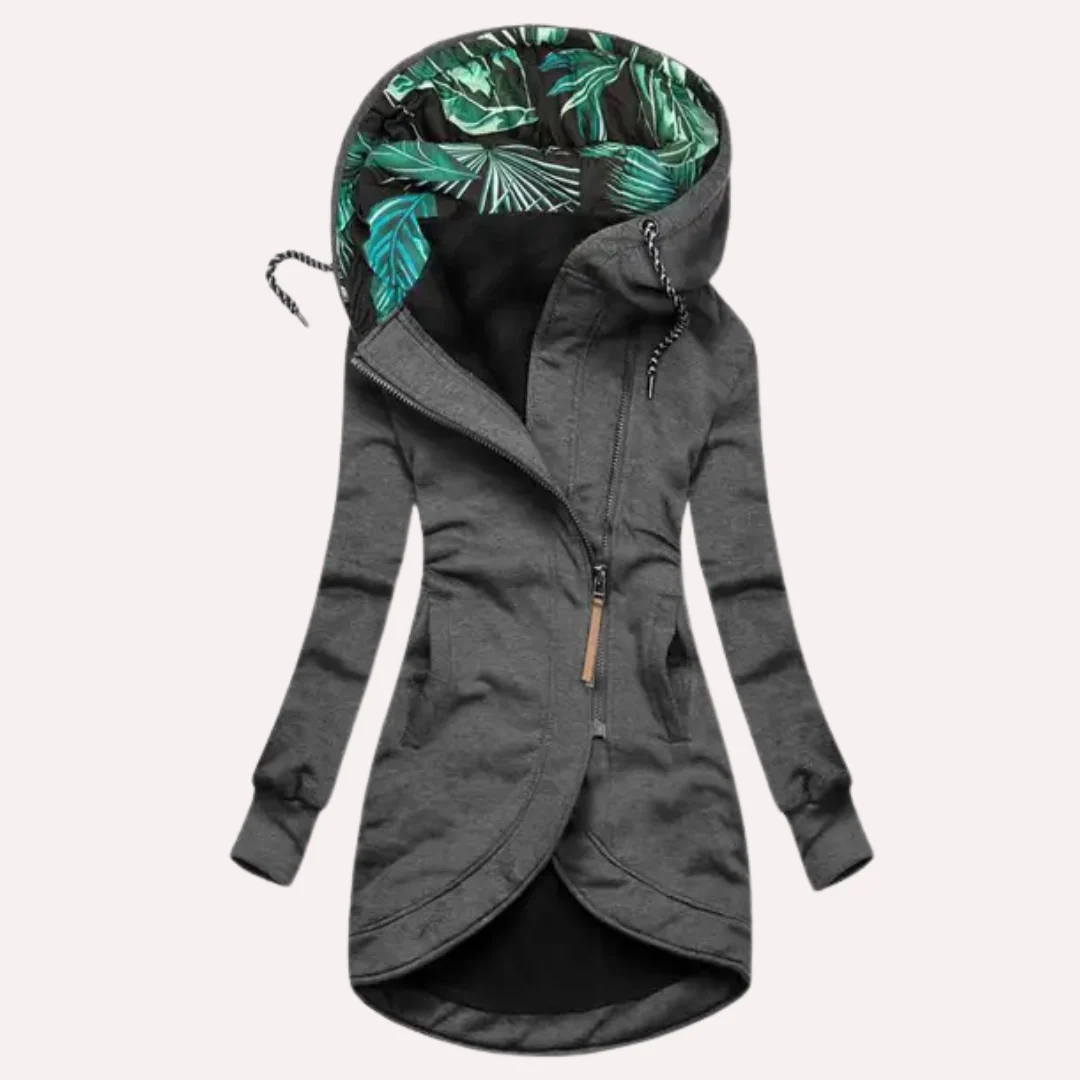 Mirla | Jacka Slim Fit Mjuk Fleece Tryckt Huvtröja Asymmetrisk Dragkedja-Eva Jonsson