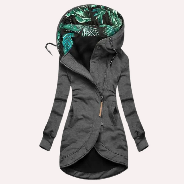 Mirla | Jacka Slim Fit Mjuk Fleece Tryckt Huvtröja Asymmetrisk Dragkedja-Eva Jonsson
