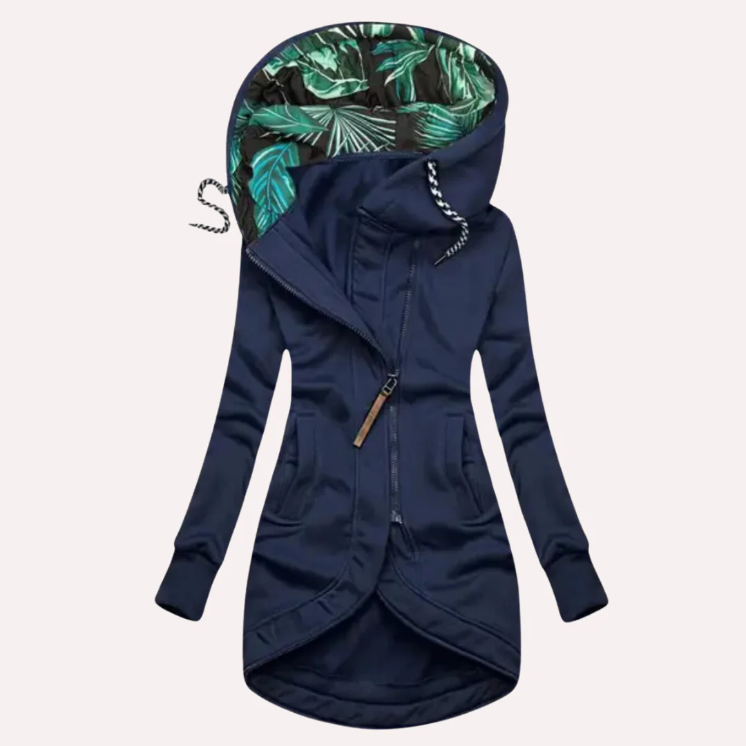 Mirla | Jacka Slim Fit Mjuk Fleece Tryckt Huvtröja Asymmetrisk Dragkedja-Eva Jonsson