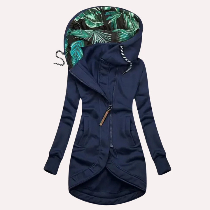 Mirla | Jacka Slim Fit Mjuk Fleece Tryckt Huvtröja Asymmetrisk Dragkedja-Eva Jonsson