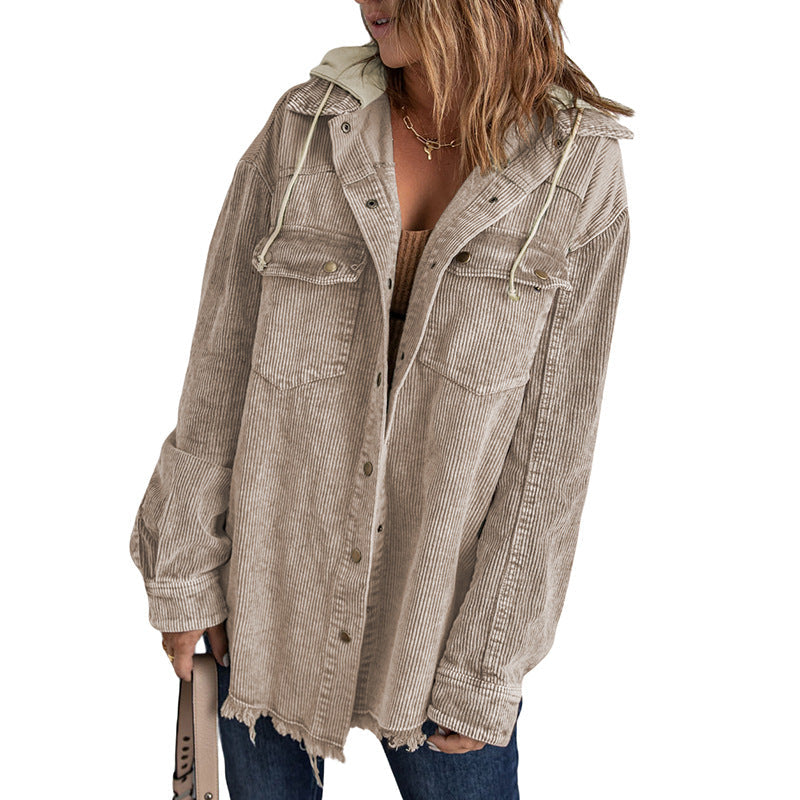 Mirla | Jacka med huva Oversized Fit Cord-textur Knapplås Franskant-Eva Jonsson