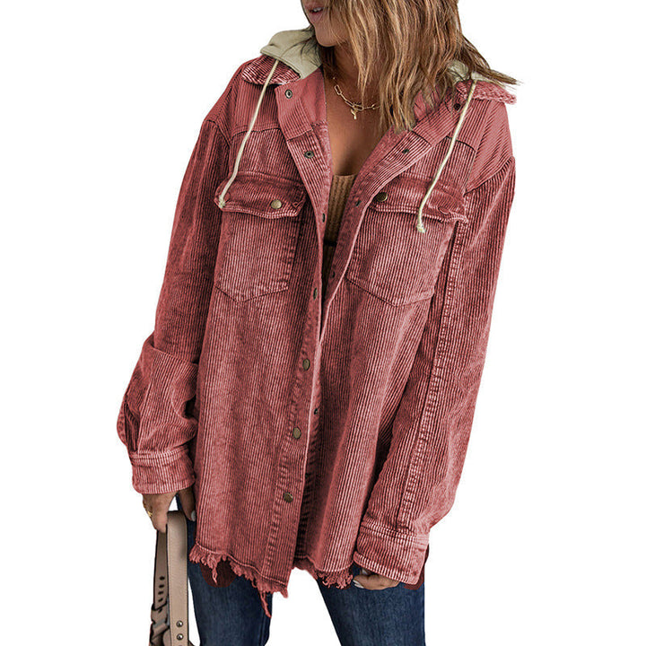 Mirla | Jacka med huva Oversized Fit Cord-textur Knapplås Franskant-Eva Jonsson