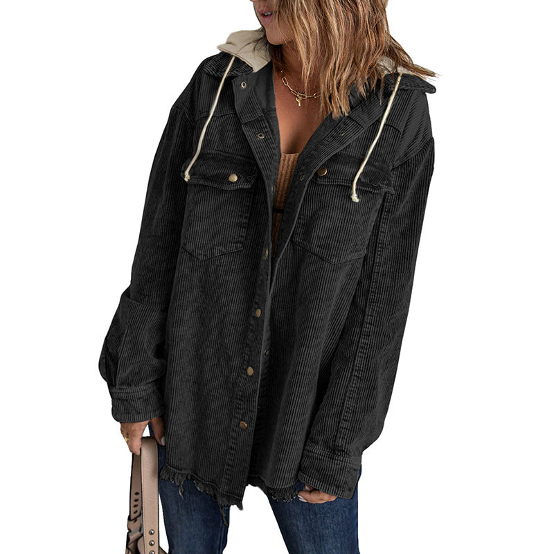Mirla | Jacka med huva Oversized Fit Cord-textur Knapplås Franskant-Eva Jonsson