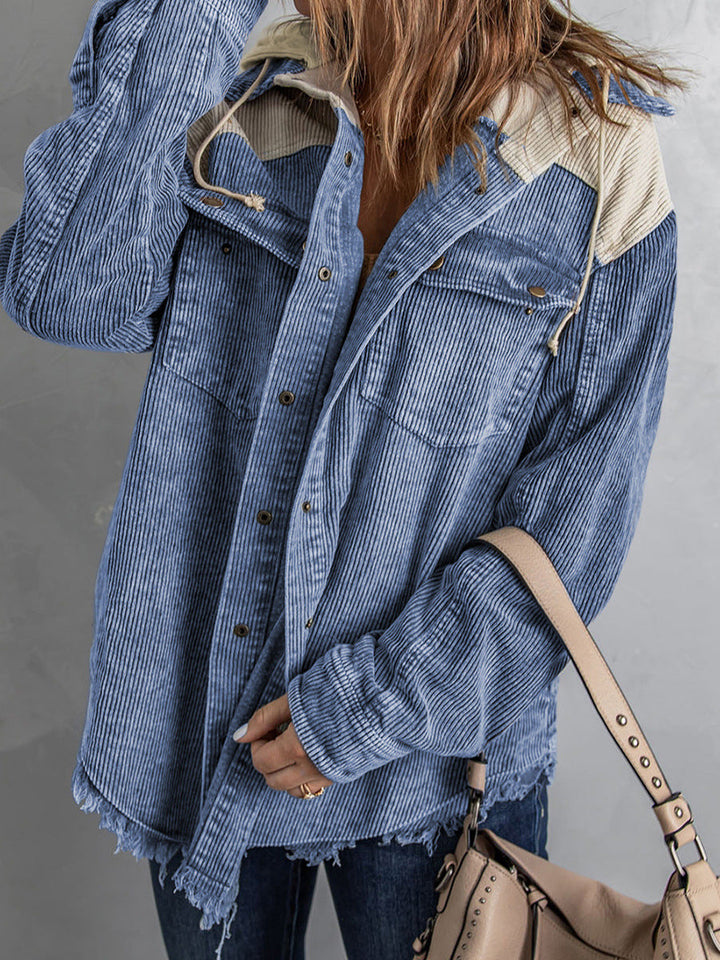 Mirla | Jacka med huva Oversized Fit Cord-textur Knapplås Franskant-Eva Jonsson
