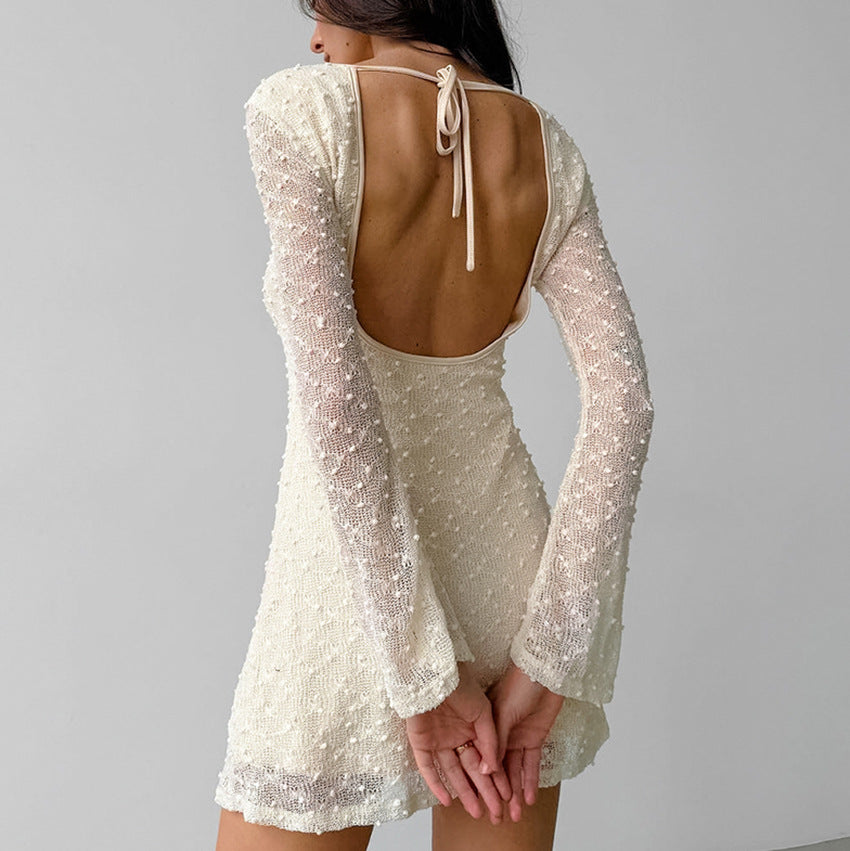 Mirla | Jacquard Mini Klänning Figursydd Silhuett Rund hals Långärmad Rygglös med Slips-Eva Jonsson