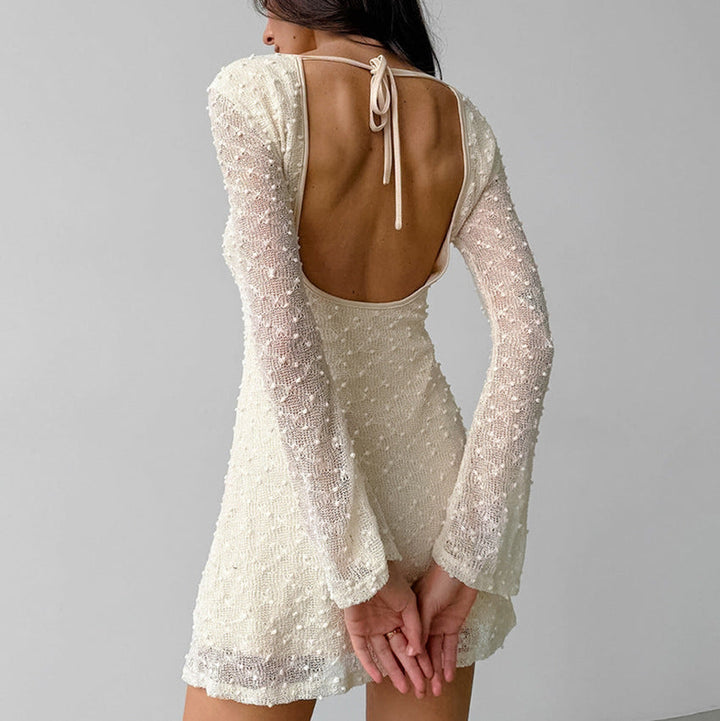 Mirla | Jacquard Mini Klänning Figursydd Silhuett Rund hals Långärmad Rygglös med Slips-Eva Jonsson