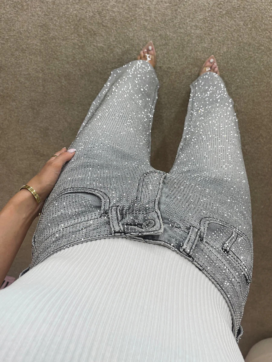 Mirla | Jeans med Hög Midja och Diamant Detaljer-Eva Jonsson