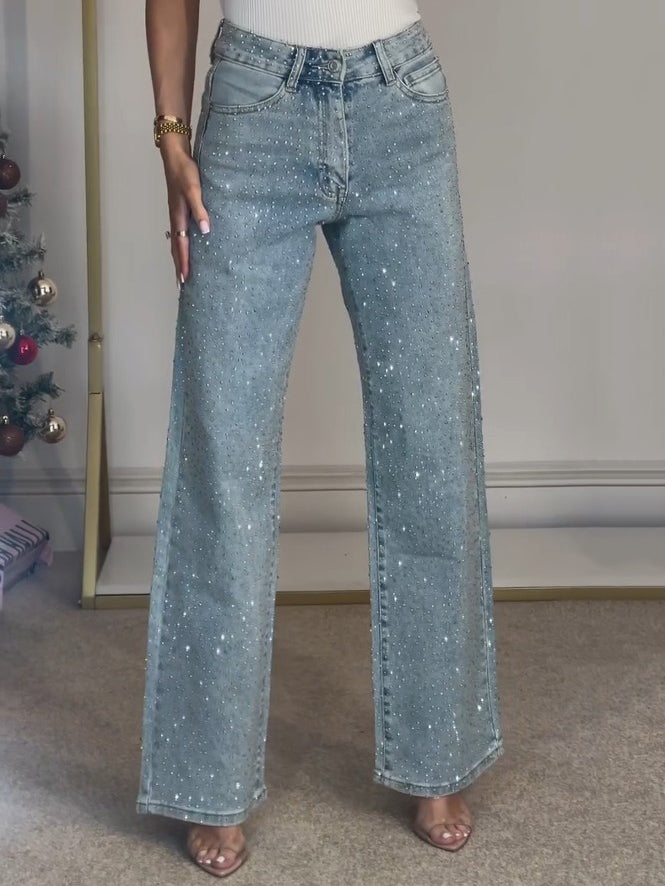 Mirla | Jeans med Hög Midja och Diamant Detaljer-Eva Jonsson