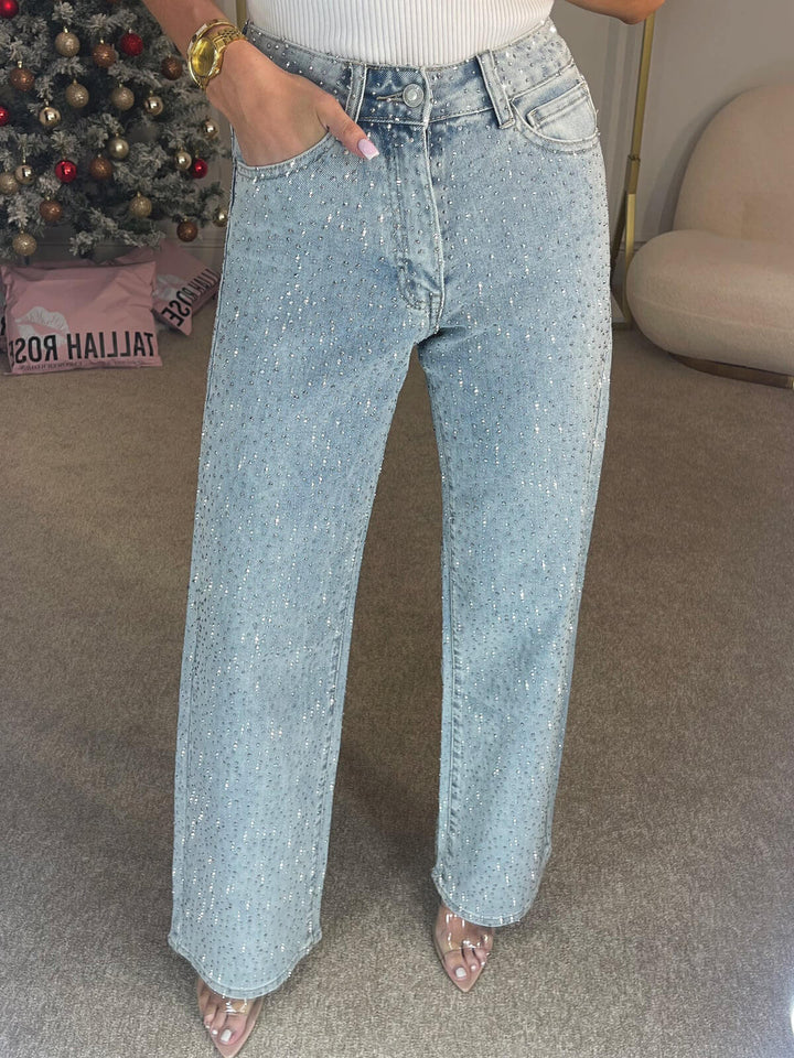 Mirla | Jeans med Hög Midja och Diamant Detaljer-Eva Jonsson