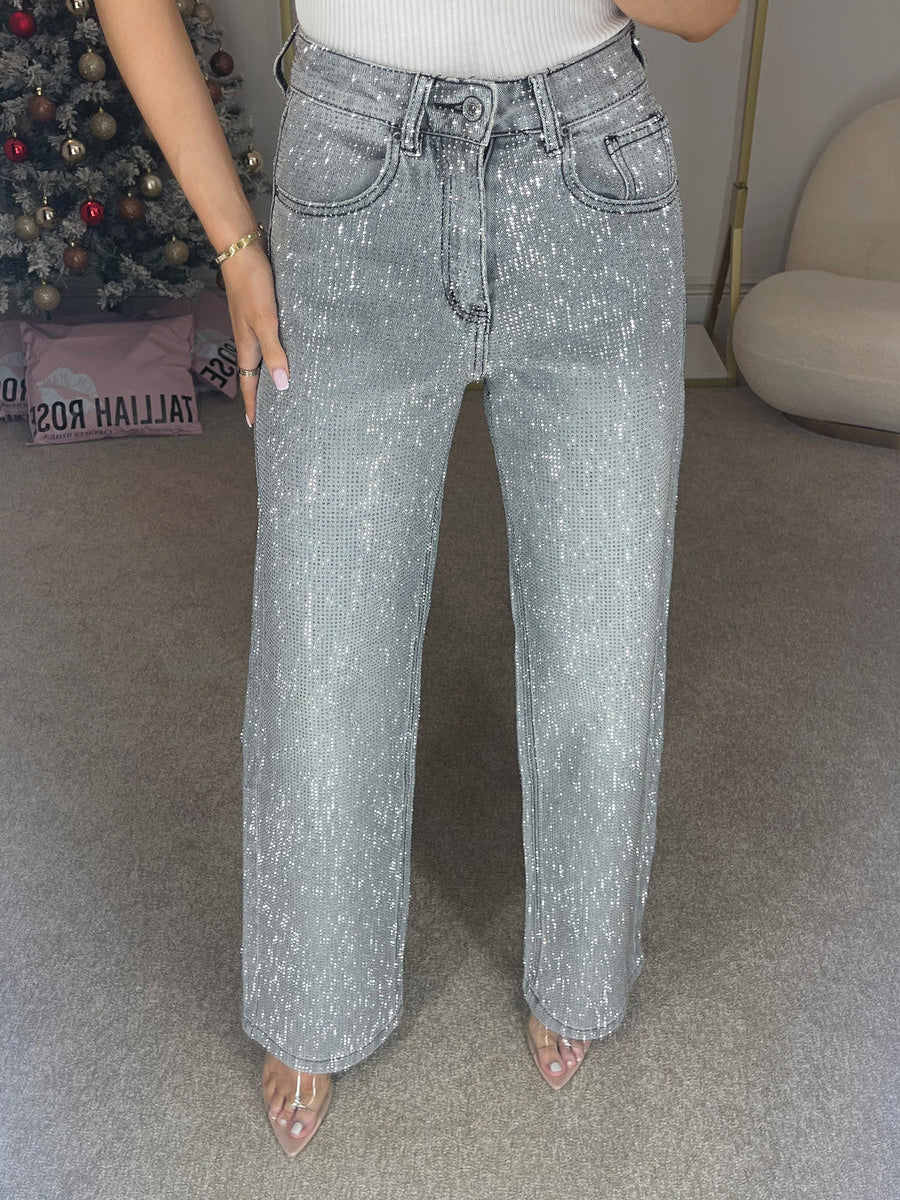 Mirla | Jeans med Hög Midja och Diamant Detaljer-Eva Jonsson