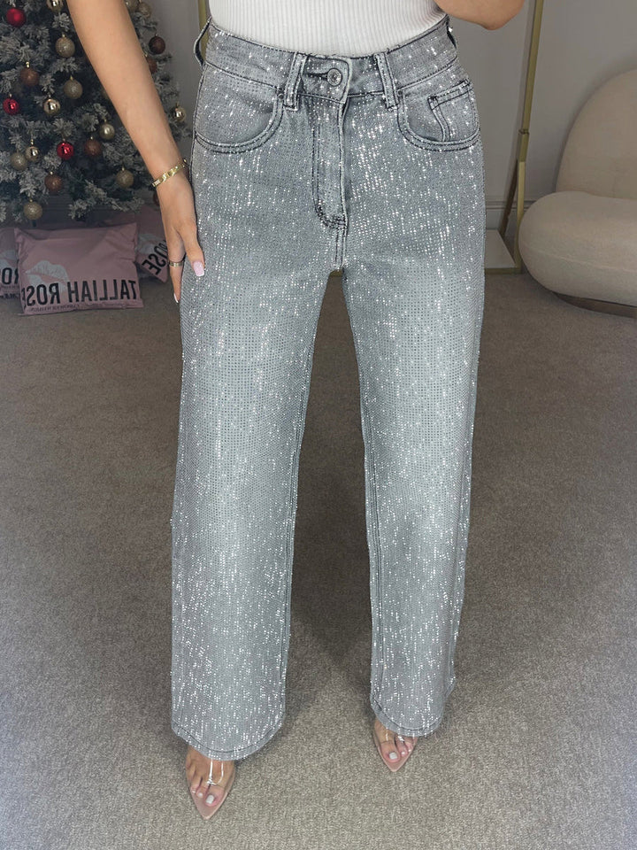 Mirla | Jeans med Hög Midja och Diamant Detaljer-Eva Jonsson