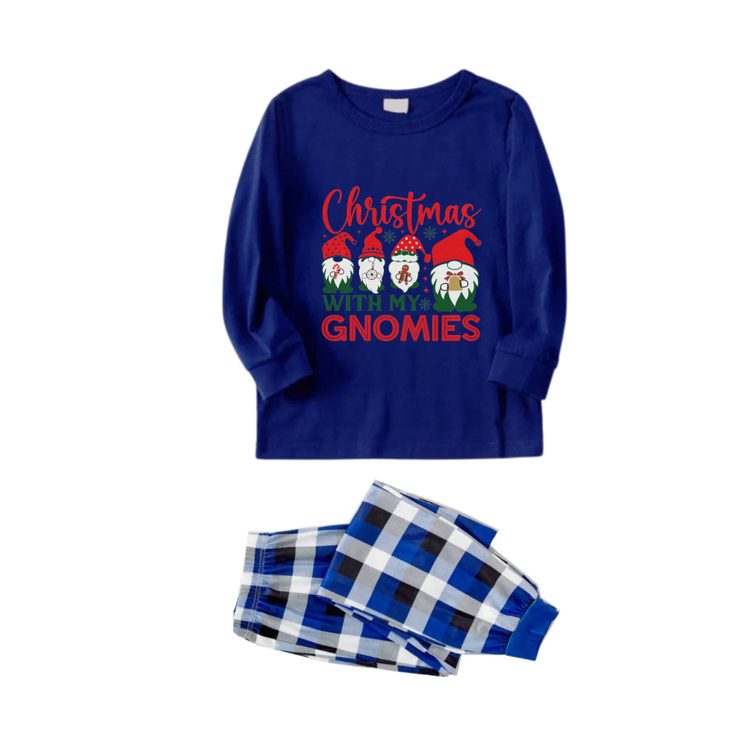 Mirla | Jul Familj Matchande Pyjamas - Mörkblå & Vit Rutigt Pjs Set med Jul med Mina Gnomies Tryck-Eva Jonsson
