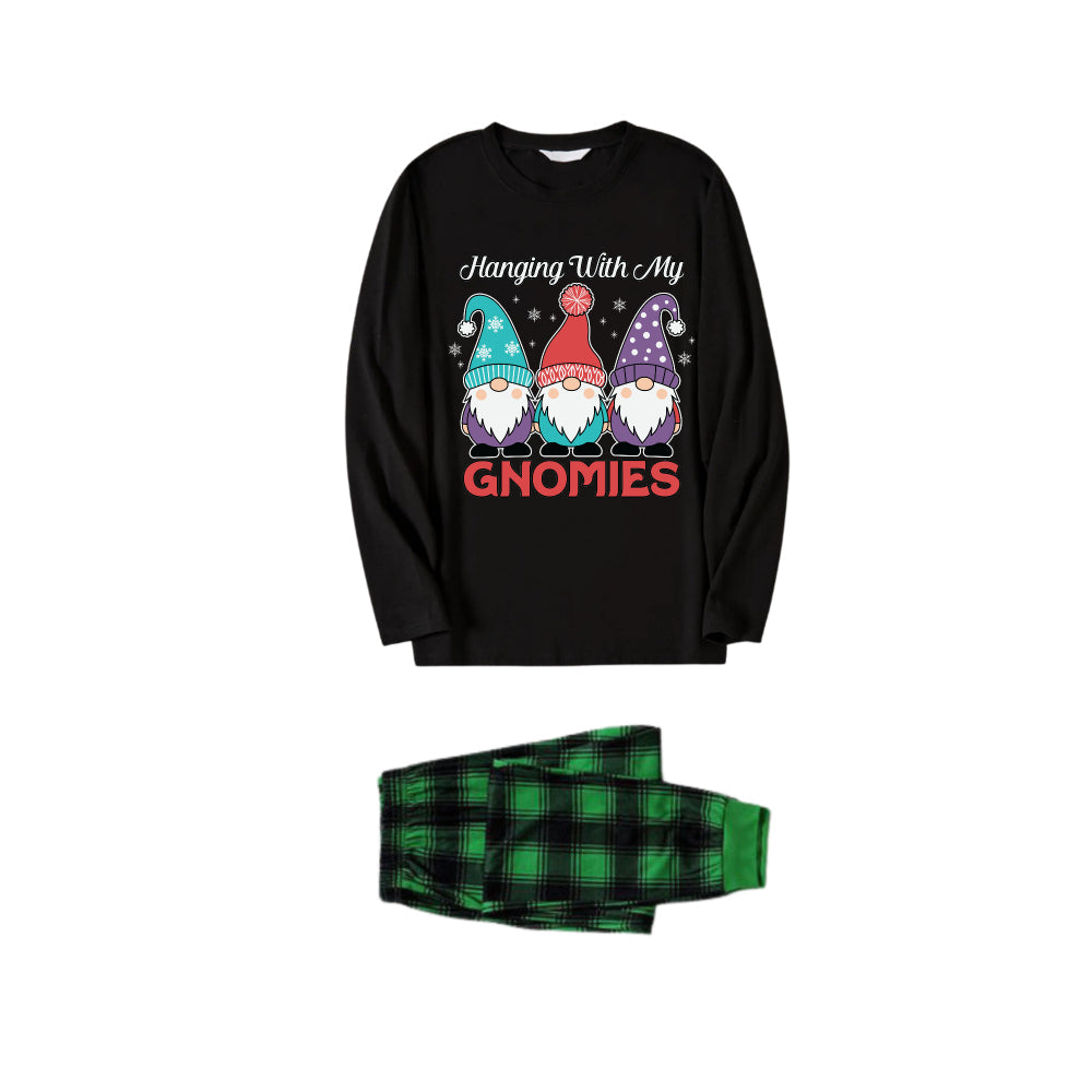 Mirla | Jul Familj Matchande Pyjamas - Svart Topp och Grön Rutiga Byxor Pjs Set med Gnome Familj och Jul-Slogan-Tryck-Eva Jonsson