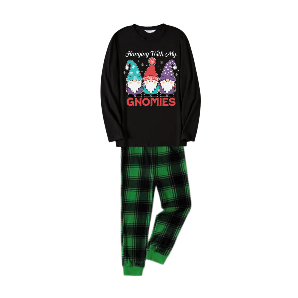 Mirla | Jul Familj Matchande Pyjamas - Svart Topp och Grön Rutiga Byxor Pjs Set med Gnome Familj och Jul-Slogan-Tryck-Eva Jonsson