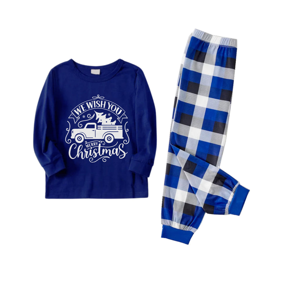 Mirla | Jul Familje Matchande Pyjamas - Marinblå & Vit Rutig Pjs Set med Julbil och Vi Önskar Er En God Jul Tryck-Eva Jonsson