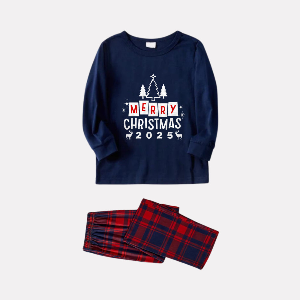 Mirla | Jul Familje Matchande Pyjamas - Marindubbel & Röd Rutigt Pj-Set med God Jul Tryck-Eva Jonsson