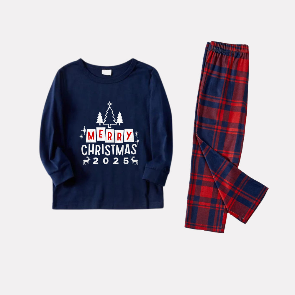 Mirla | Jul Familje Matchande Pyjamas - Marindubbel & Röd Rutigt Pj-Set med God Jul Tryck-Eva Jonsson