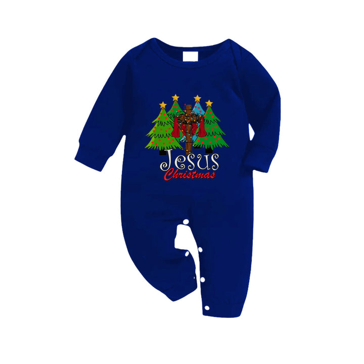 Mirla | Jul Familje Matchande Pyjamas - Mörkblå & Vit Rutiga Pjs Set med Julgran och Jesus Jul Tryck-Eva Jonsson