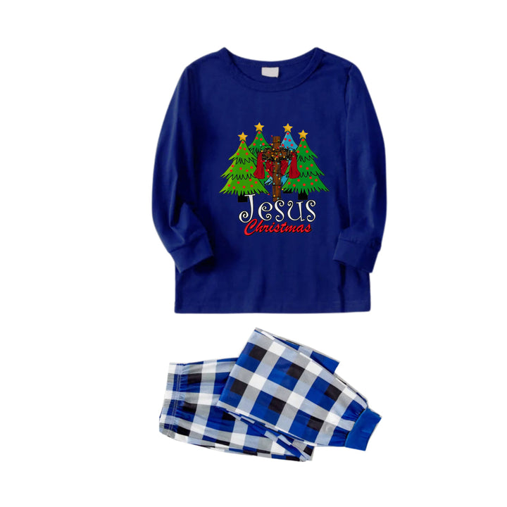Mirla | Jul Familje Matchande Pyjamas - Mörkblå & Vit Rutiga Pjs Set med Julgran och Jesus Jul Tryck-Eva Jonsson