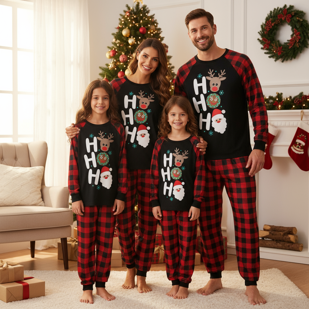 Mirla | Jul “Ho Ho Ho” Bokstäver Tryck Jultomte & Pepparkaka & Älg Mönster Kontrast Svart Topp och Svart & Röd Rutiga Byxor Familj Matchande Pyjamas Set med Hund Bandana-Eva Jonsson