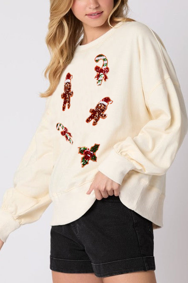 Mirla | Jul Pepparkaksman Paillette Avslappnad Långärmad Sweatshirt-Eva Jonsson