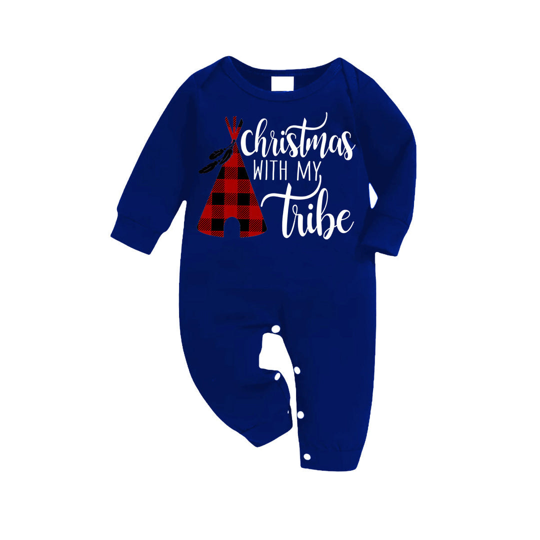 Mirla | Jul med Min Stamn Mönster Blå Långärmad T-Shirt med Blå-Vit-Svart Rutig Byxor Familj Matchande Pyjamas-Eva Jonsson