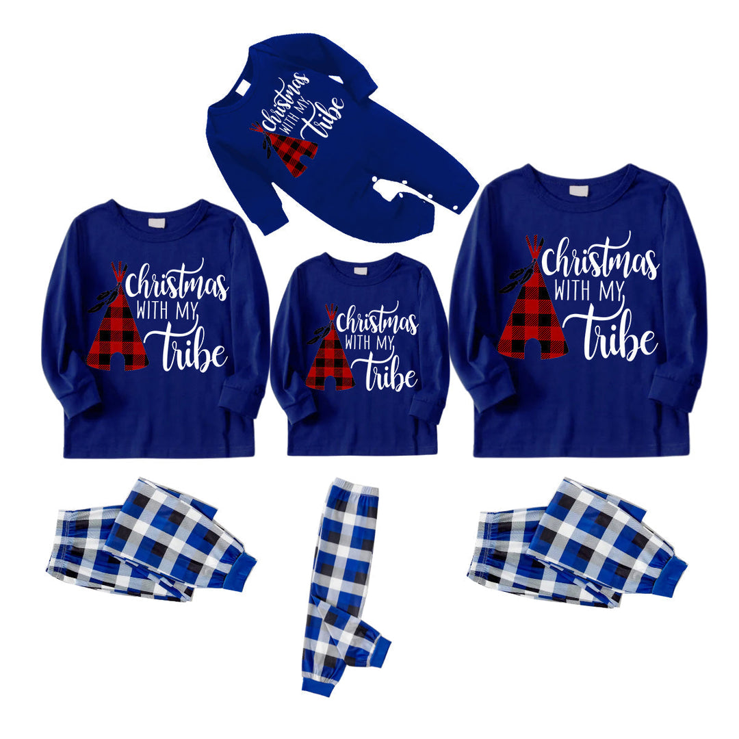 Mirla | Jul med Min Stamn Mönster Blå Långärmad T-Shirt med Blå-Vit-Svart Rutig Byxor Familj Matchande Pyjamas-Eva Jonsson