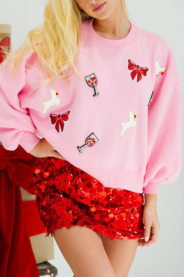 Mirla | Julbåge-Vin-Glas Paljetter Lös Lång Ärm Sweatshirt-Eva Jonsson
