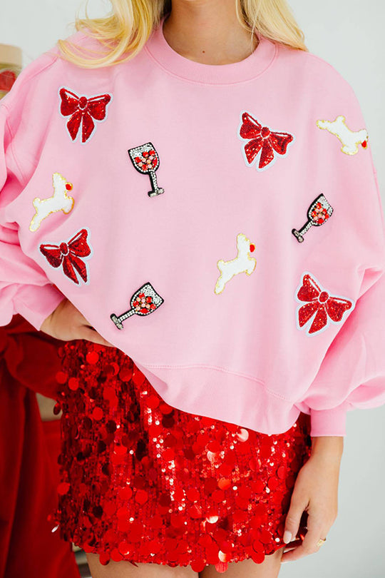 Mirla | Julbåge-Vin-Glas Paljetter Lös Lång Ärm Sweatshirt-Eva Jonsson