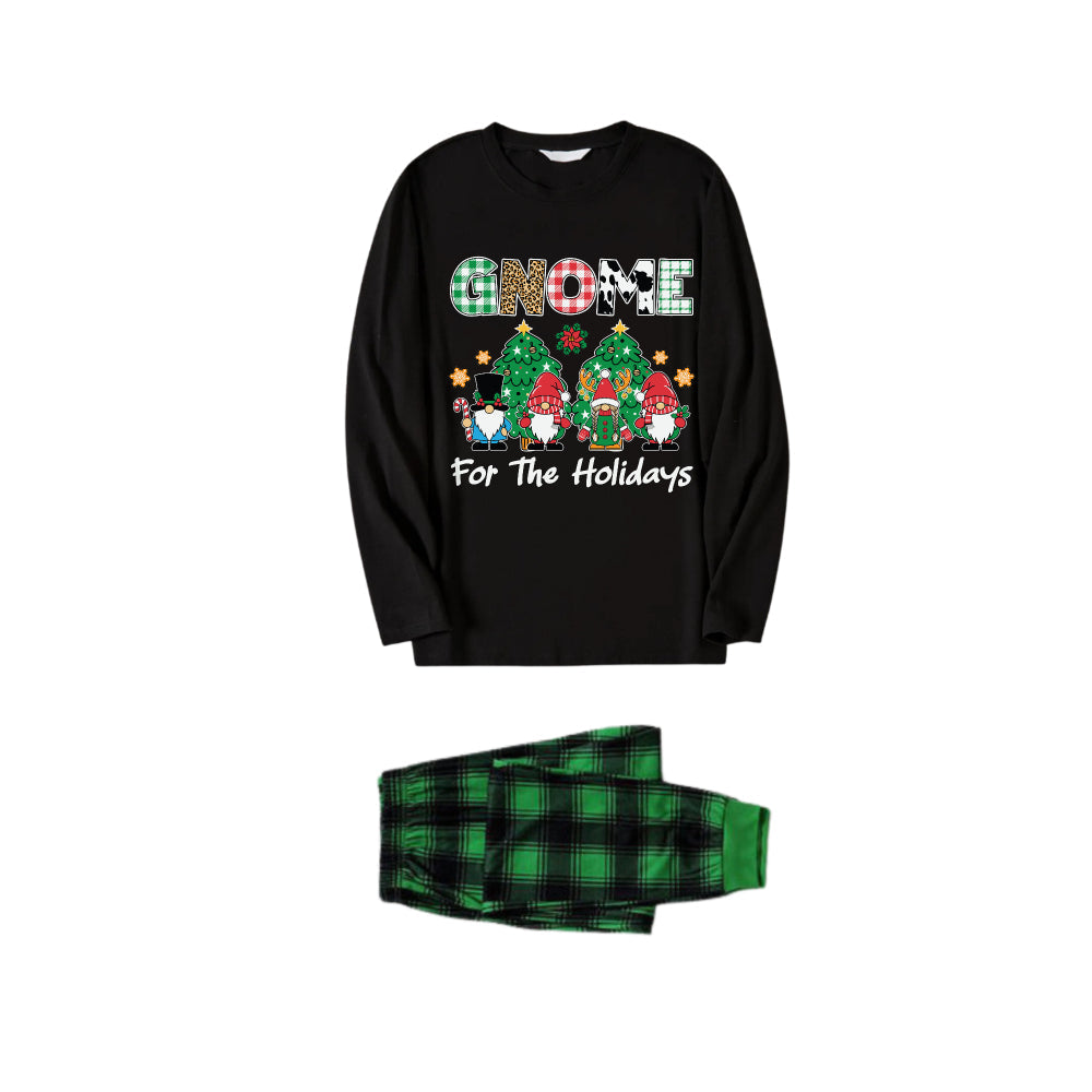Mirla | Julefamilje Matchande Pyjamas - Svart Topp och Gröna Rutig Byxor-Pyjamas-Set med Gnome For The Holidays Tryck-Eva Jonsson