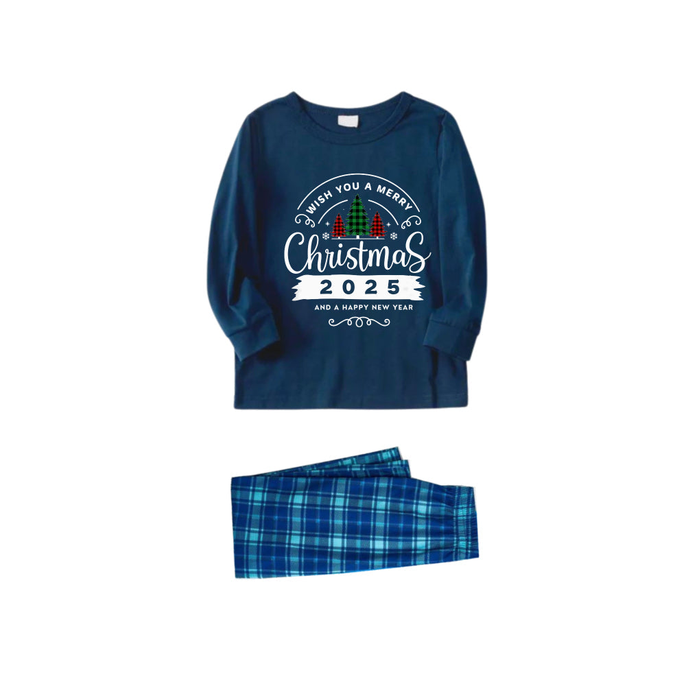 Mirla | Julfamilj Matchande Pyjamas - Marin- och Himmelsblå Rutiga Pjs-Set med Trycket Önskar Dig En God Jul 2025-Eva Jonsson