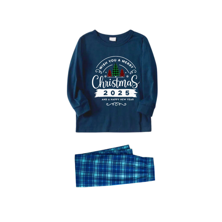 Mirla | Julfamilj Matchande Pyjamas - Marin- och Himmelsblå Rutiga Pjs-Set med Trycket Önskar Dig En God Jul 2025-Eva Jonsson
