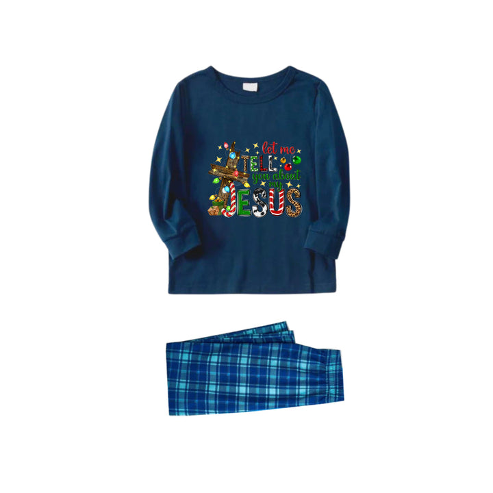 Mirla | Julfamilj-Matchande-Pyjamas - Marinblå & Himelsblå Rutig Pjs Sats med Berätta För Mig Om Min Jesus Tryck-Eva Jonsson