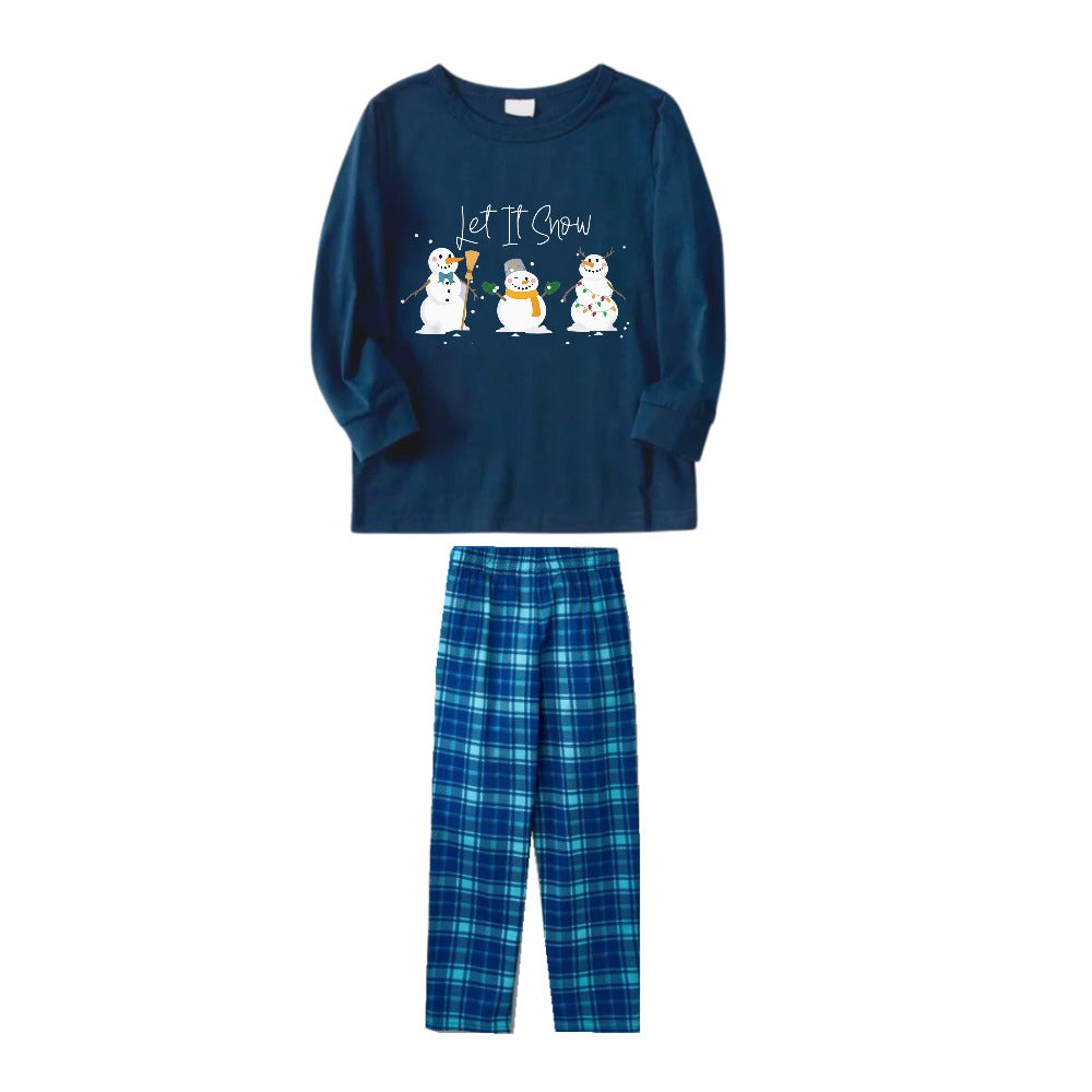 Mirla | Julfamilj Matchande Pyjamas - Marinblå & Himmelsblå Rutiga Pjs-Set med Låt Det Snöa och Snögubbe Mönstertryck-Eva Jonsson