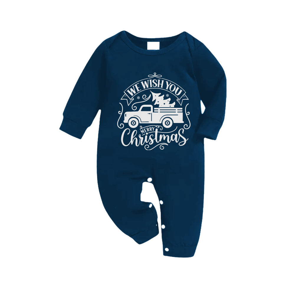 Mirla | Julfamilj Matchande Pyjamas - Marinblå & Himmelsblå Rutiga Pjs-Set med We Wish You A Merry Christmas och Julbil Mönstertryck-Eva Jonsson