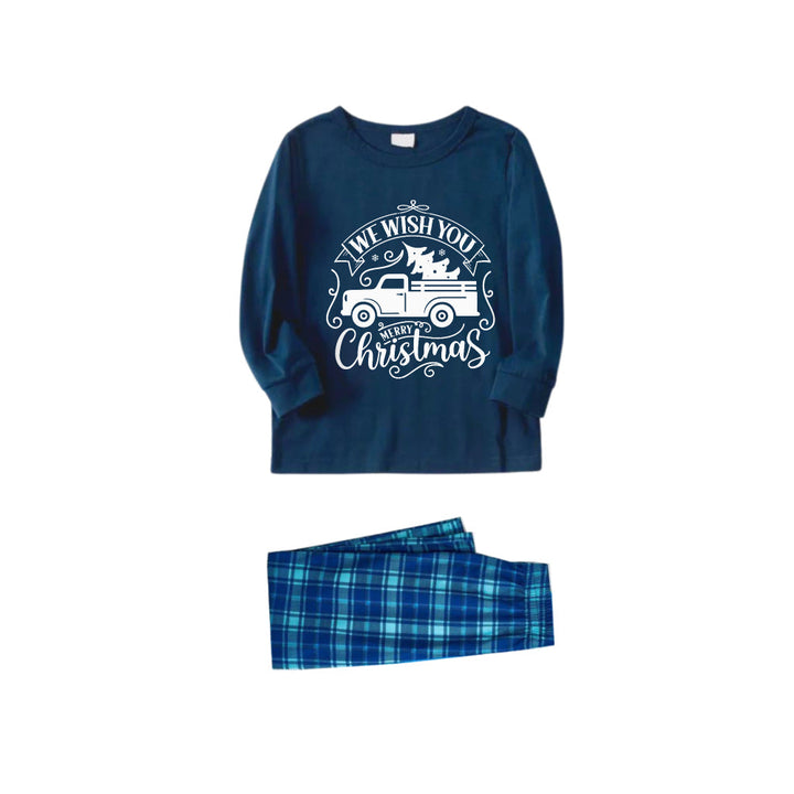 Mirla | Julfamilj Matchande Pyjamas - Marinblå & Himmelsblå Rutiga Pjs-Set med We Wish You A Merry Christmas och Julbil Mönstertryck-Eva Jonsson