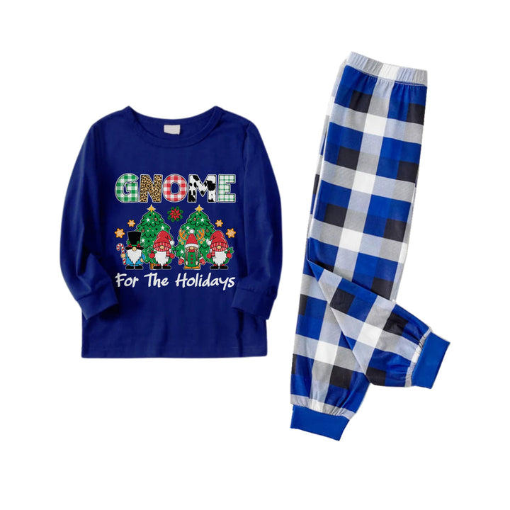 Mirla | Julfamilj Matchande Pyjamas - Marinblå & Vit Rutig Pjs-Set med Gnome For The Holidays Tryck-Eva Jonsson
