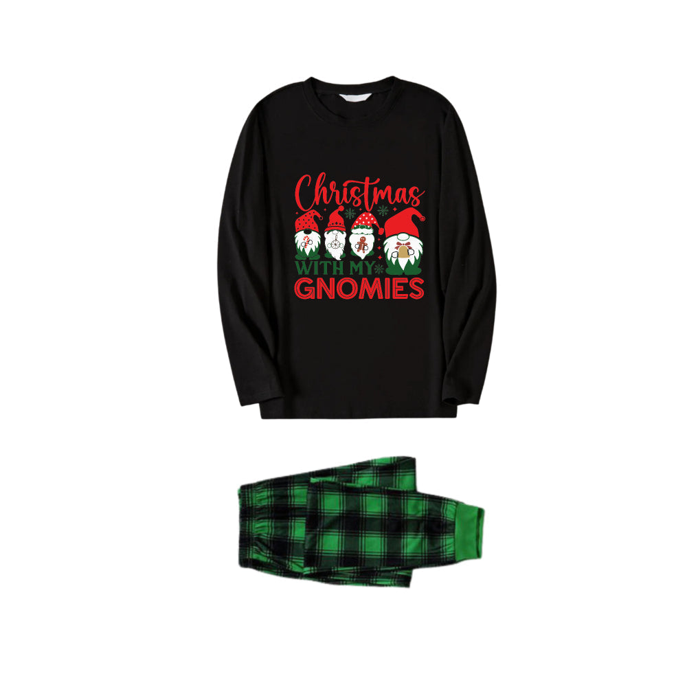 Mirla | Julfamilj Matchande Pyjamas - Svart Topp och Grön Rutig Byxa Pjs Set med Gnome Familj och Jul med Mina Gnomies Tryck-Eva Jonsson