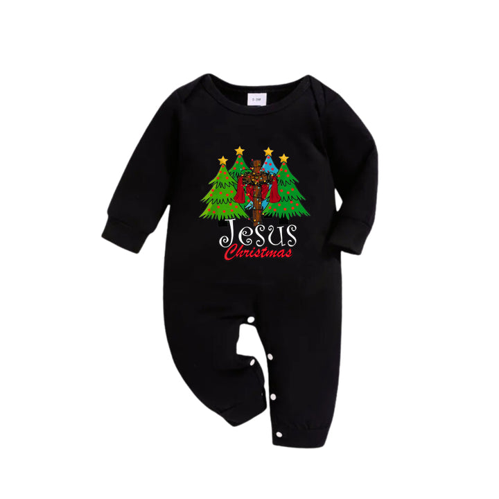 Mirla | Julfamilj Matchande Pyjamas - Svart Topp och Gröna Rutiga Byxor Pjs-Set med Jesus Jultryck-Eva Jonsson