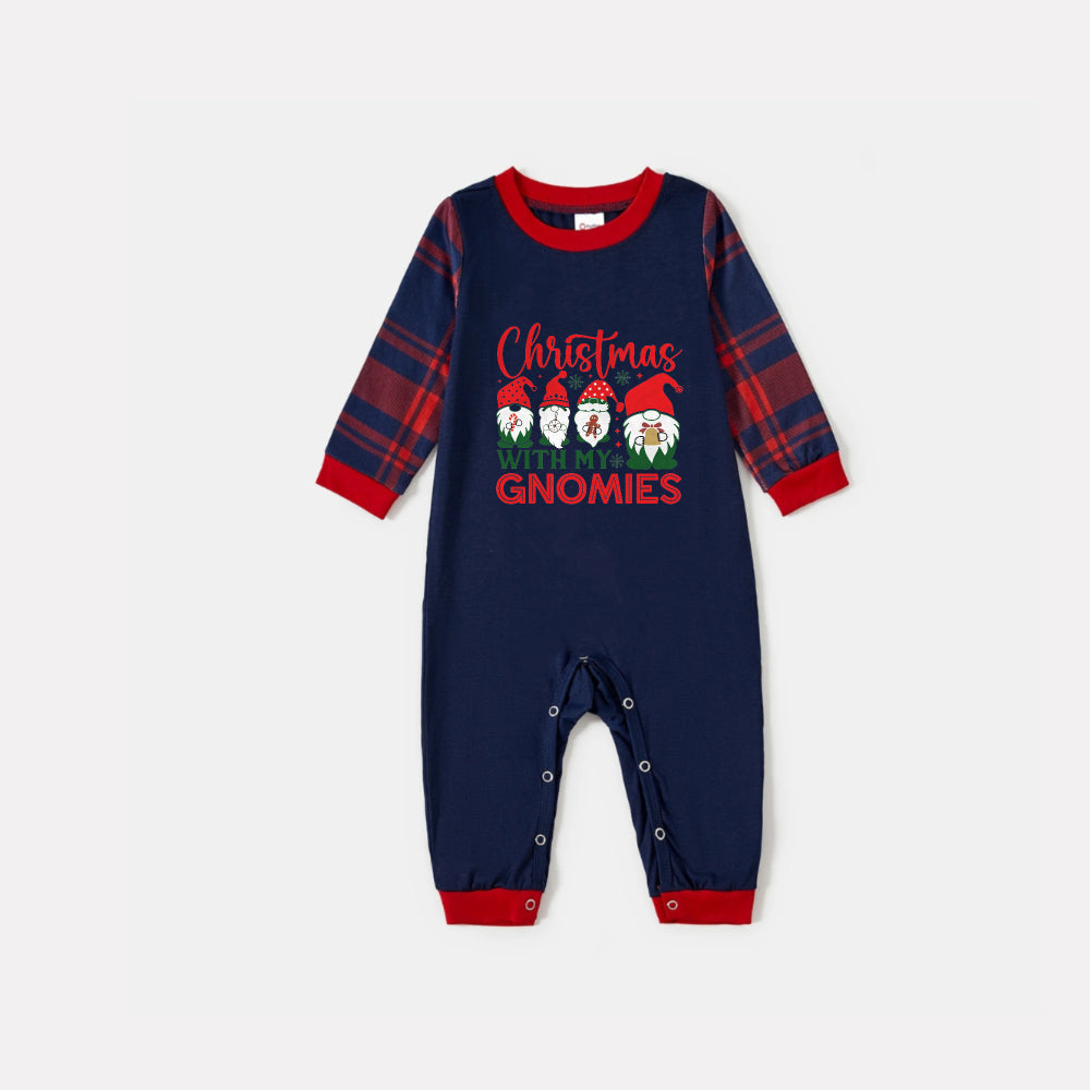 Mirla | Julfamilj Passande Pyjamas - Marinblå och Röd Rutmönstrad Pjs-Set med Jul med Mina Gnomies Tryck-Eva Jonsson