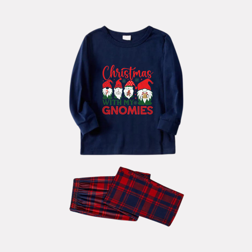 Mirla | Julfamilj Passande Pyjamas - Marinblå och Röd Rutmönstrad Pjs-Set med Jul med Mina Gnomies Tryck-Eva Jonsson