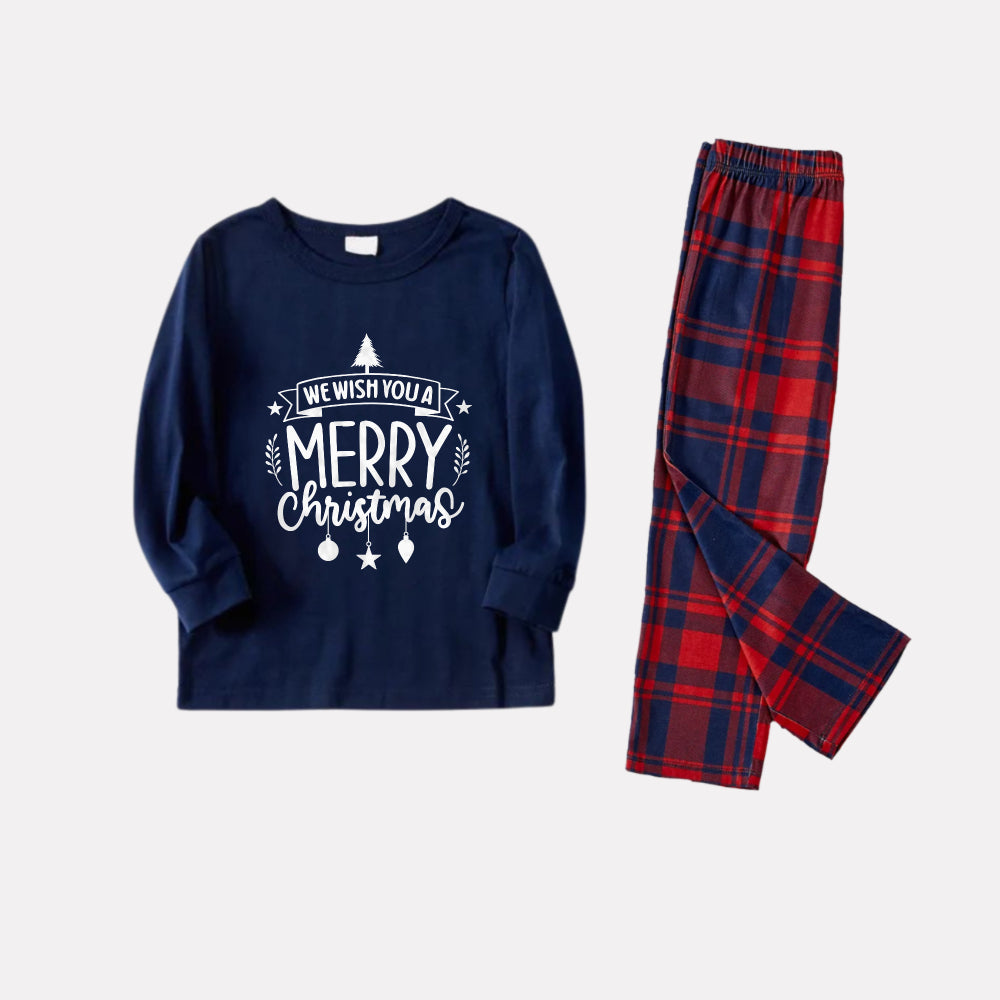 Mirla | Julfamilj-Pyjamas-Matchning - Navy & Röd Rutigt Pjs-Set med Vi Önskar Dig En God Jul Slogan-Tryck-Eva Jonsson